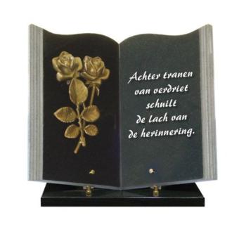 Gedenksteen Boek 35x30cm met bronzen roos